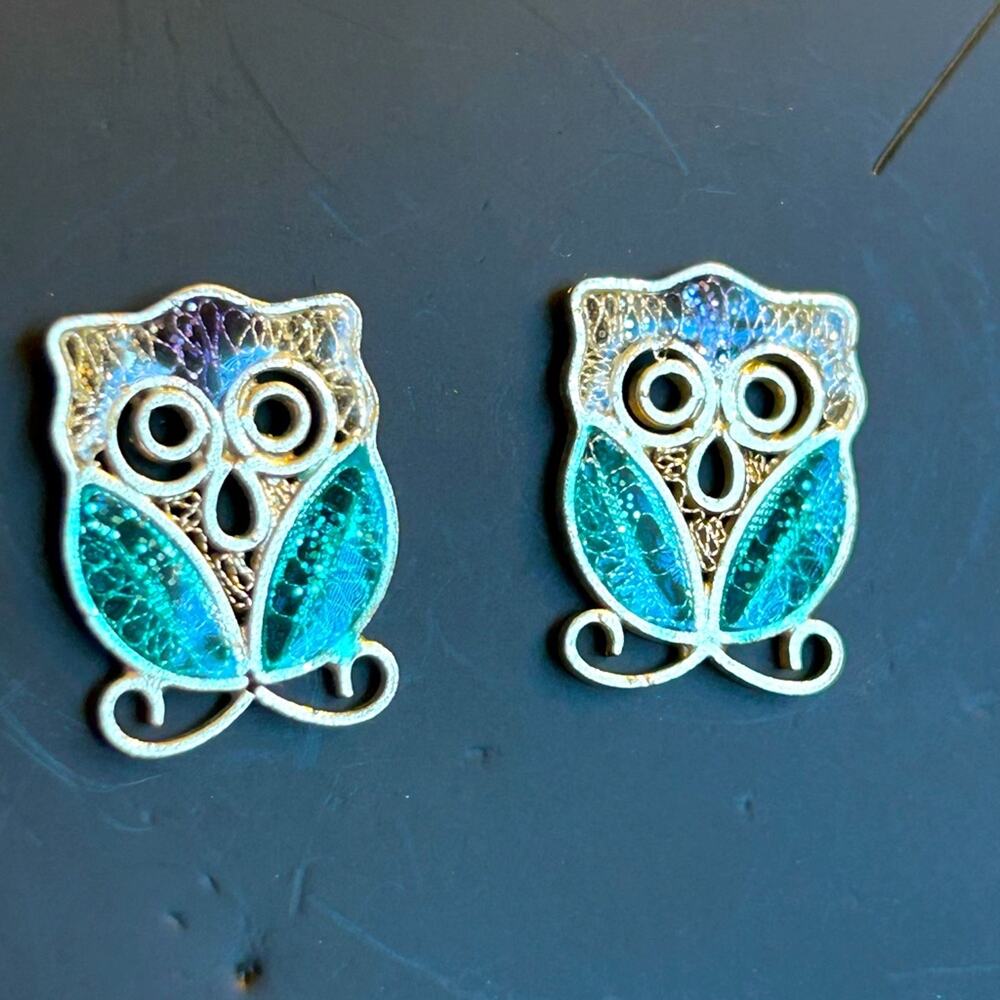 Chilean 925 silver enamel sealed blue owl earrings